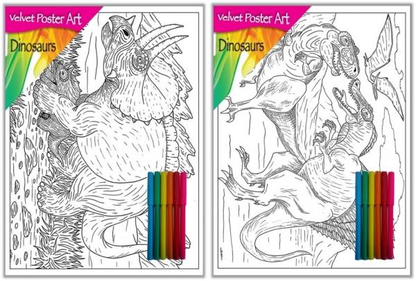 Velvet Poster Art Children's' Fun Colouring with Pens Dinosaurs 2 25 x 38 cm 2 Designs