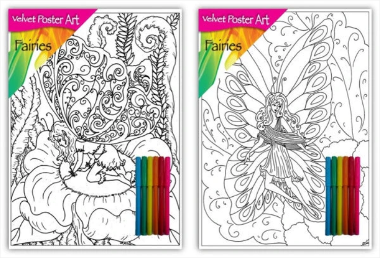 Velvet Poster Art Children's' Fun Colouring with Pens Fairies 1 25 x 38 cm 2 Designs