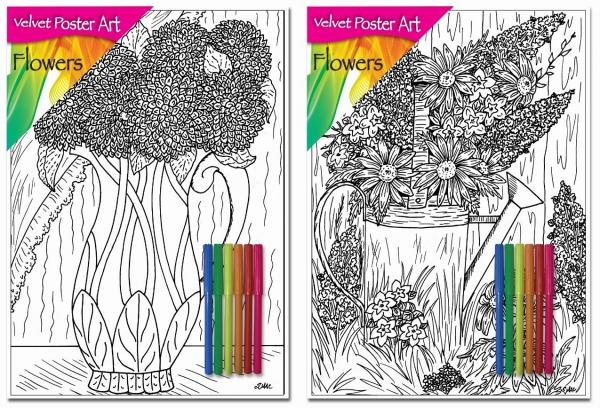 Velvet Poster Art Children's' Fun Colouring with Pens Flowers 1 25 x 38 cm 2 Designs