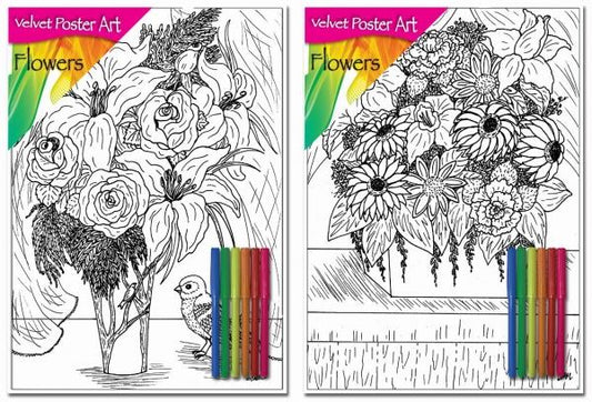 Velvet Poster Art Children's' Fun Colouring with Pens Flowers 2 25 x 38 cm 2 Designs