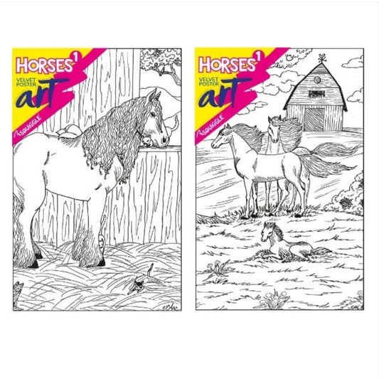 Velvet Poster Art Children's' Fun Colouring with Pens Horses 1 25 x 38 cm 2 Designs