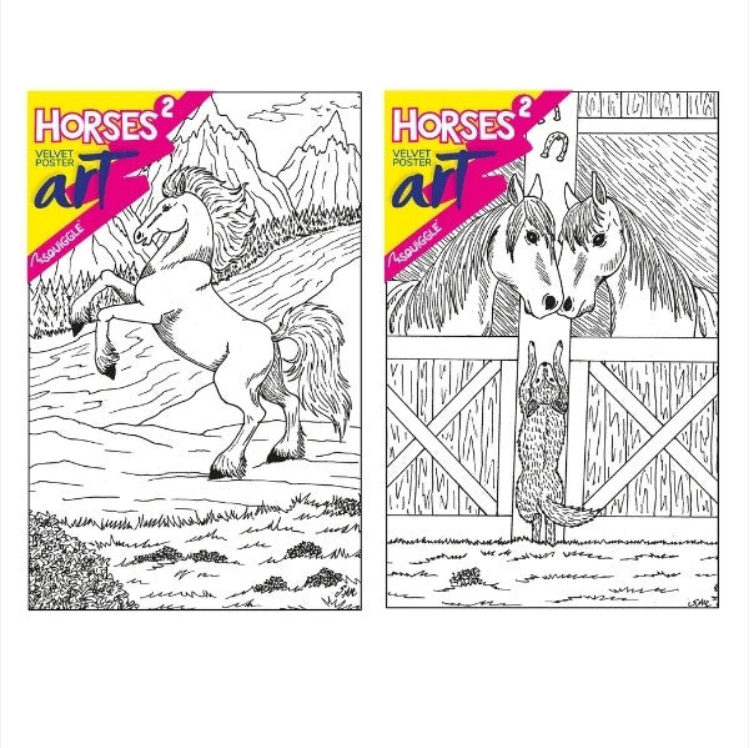 Velvet Poster Art Children's' Fun Colouring with Pens Horses 2 25 x 38 cm 2 Designs