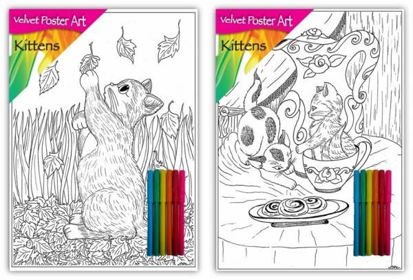 Velvet Poster Art Children's' Fun Colouring with Pens Kittens 2 25 x 38 cm 2 Designs