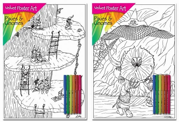 Velvet Poster Art Children's' Fun Colouring with Pens Pixies & Gnomes 1 25 x 38 cm 2 Designs