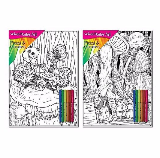 Velvet Poster Art Children's' Fun Colouring with Pens Pixies & Gnomes 2 25 x 38 cm 2 Designs