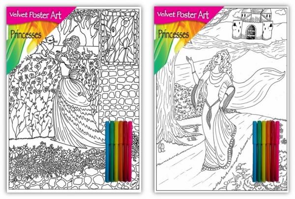 Velvet Poster Art Children's' Fun Colouring with Pens Princesses/Castles 1 25 x 38 cm 2 Designs