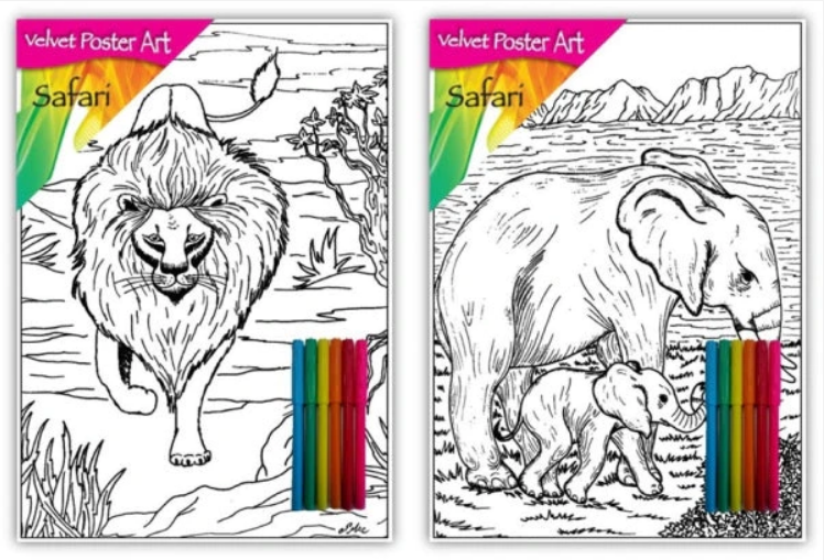 Velvet Poster Art Children's' Fun Colouring with Pens Safari 2 25 x 38 cm 2 Designs