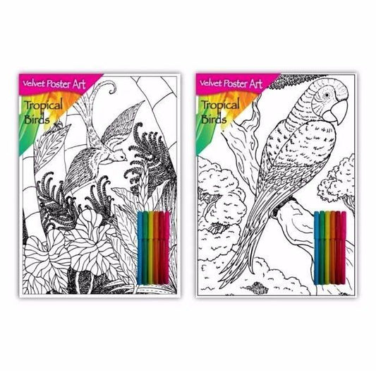 Velvet Poster Art Children's' Fun Colouring with Pens Tropical Birds 1 25 x 38 cm 2 Designs