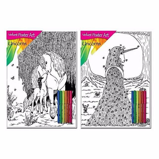 Velvet Poster Art Children's' Fun Colouring with Pens Unicorns 1 25 x 38 cm 2 Designs