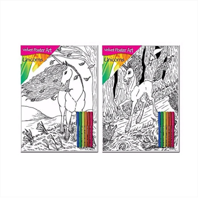 Velvet Poster Art Children's' Fun Colouring with Pens Unicorns 1 25 x 38 cm 2 Designs