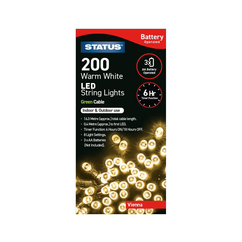 Vienna - 200 - Warm White - LED - Indoor/Outdoor - Battery Operated - String Lights - 8 Functions -  6 Hr Timer - Green Cable - 16.3 Metre Total Cable Length - 0.4 Metres To First LED Light - IP44 Rated - 3 x AA Batteries (Not Included) - 1Pk Glossy Box