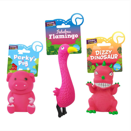 Vinyl Squeaky Dog Toys 3 Assorted Designs Pig / Flamingo / Dinosaur