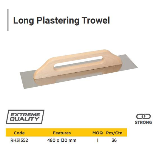 WOOD HANDLE LONG PLASTERING TROWEL 480x130MM 0.7MM