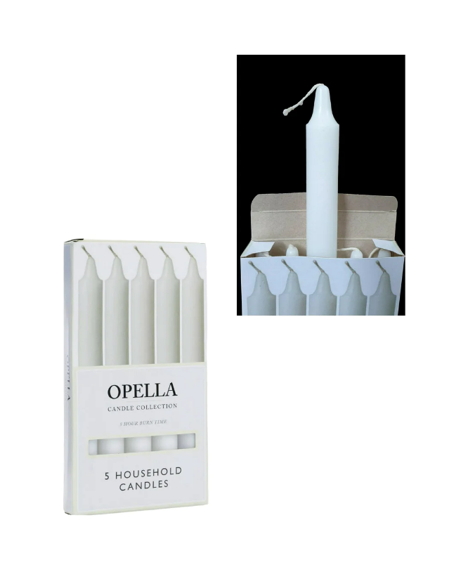 Warm Glowing Long White Opella Household Candles 5 Pack 17cm 5 Hr Burn Time