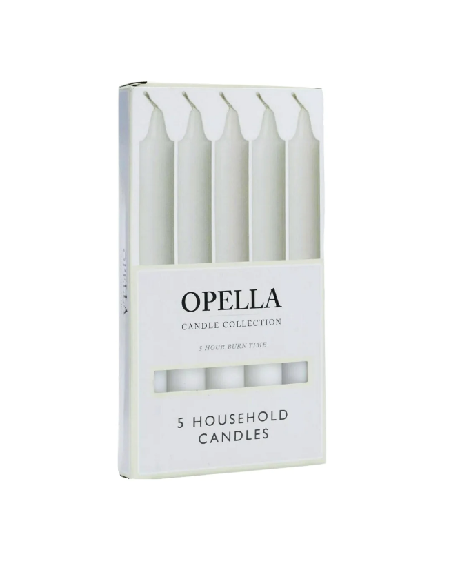 Warm Glowing Long White Opella Household Candles 5 Pack 17cm 5 Hr Burn Time