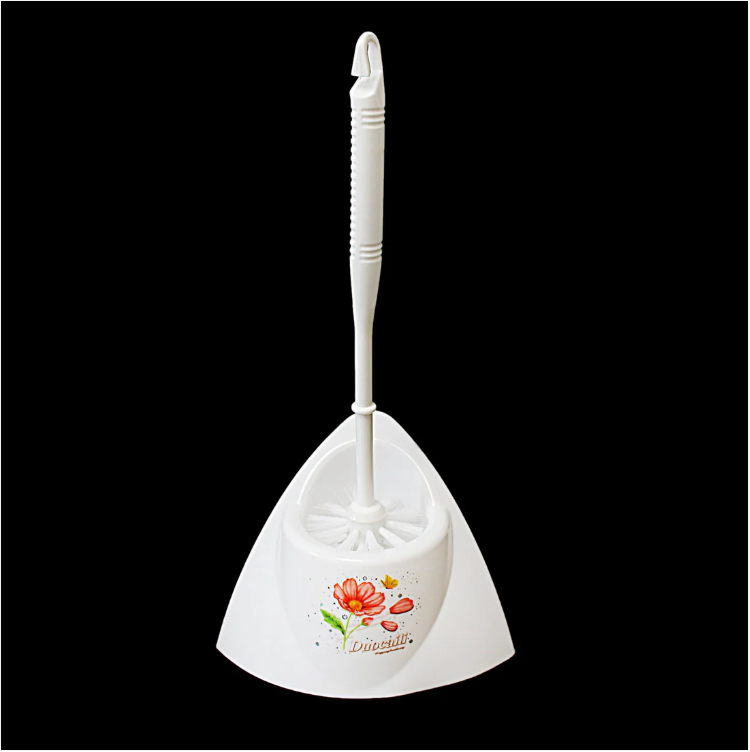 White Plastic Corner Toilet Brush with Stand Floral Print 30 cm