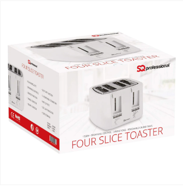 White Sq Pro Four Slice Toasters Browning Control 3 Functions Convient Toaster 1500W