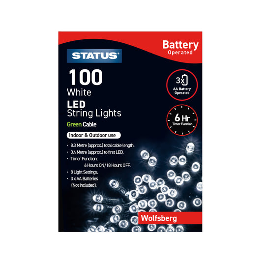 Wolfsberg - 100 - White - LED - Indoor/Outdoor - Battery Operated - String Lights - 8 Functions -  6 Hr Timer - Green Cable - 8.3 Metre Total Cable Length - 0.4 Metres To First LED Light - IP44 Rated  - 3 x AA Batteries (Not Included) - 1 Pk Glossy Box