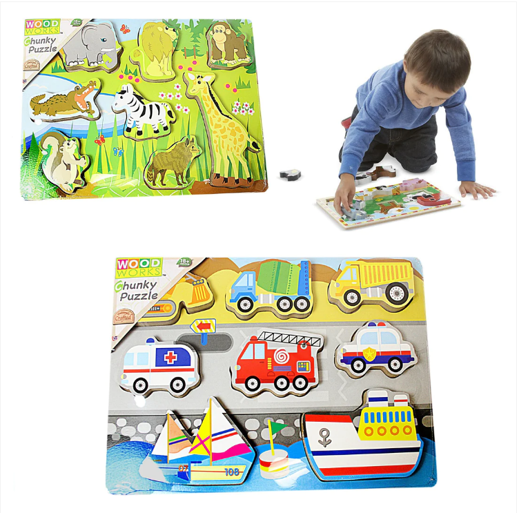 Wood Works Chunky Puzzle Animals Vehicle Design Educational Game For Toddlers