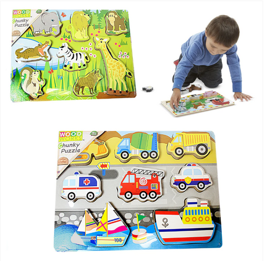 Wood Works Chunky Puzzle Animals Vehicle Design Educational Game For Toddlers