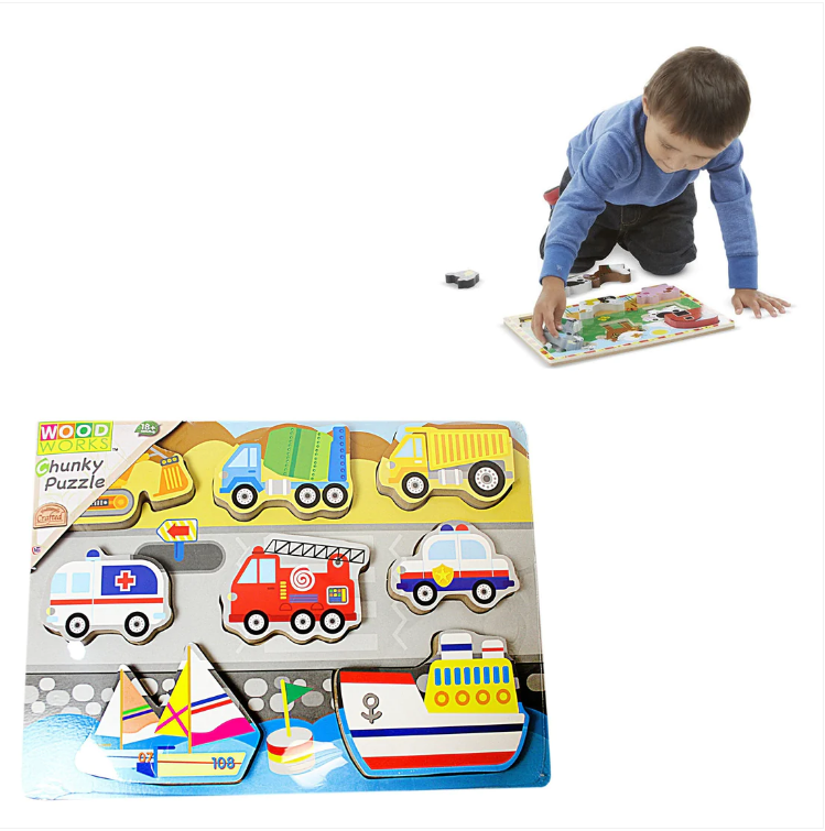 Wood Works Chunky Puzzle Animals Vehicle Design Educational Game For Toddlers