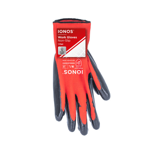 Work Gloves - general purpose work gloves - black nitrile grip - red elasticated 13G polyester liner - CE printing - Ionos - CDU - 1 pair