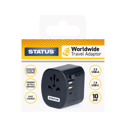 Worldwide Travel Adaptor - Multi-Use 4 in 1 - 2 x USB A - 1 x USB C - Fast Charge - Black - 1 pk - Colour Box